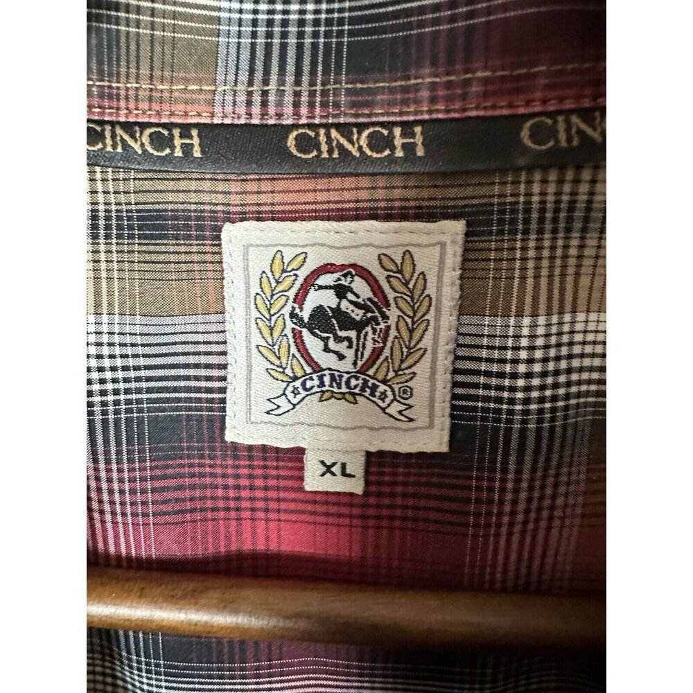 CINCH MEN'S XL 100 % COTTON PLAID RED/BROWN LONG SLEEVE COLLAR WESTERN SHIRT - Picture 4 of 9